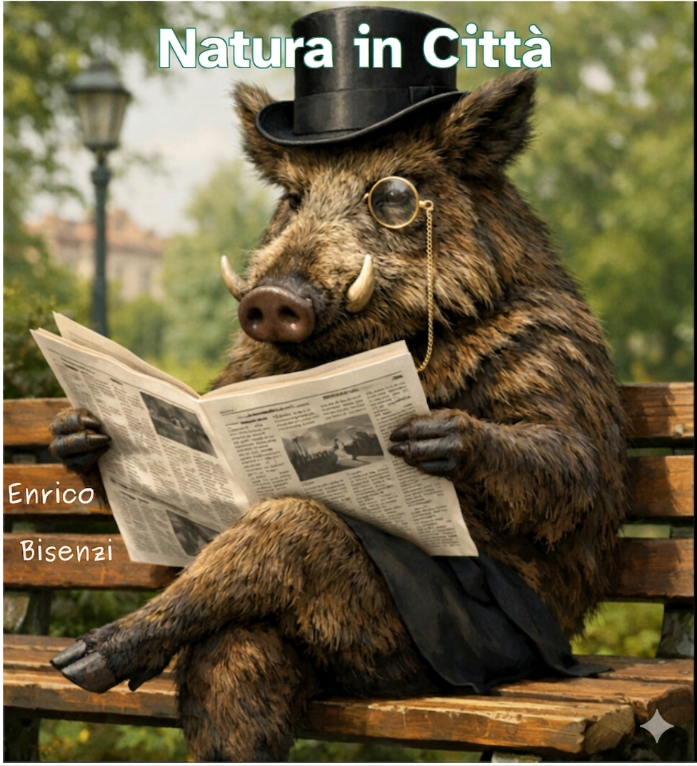 un cinghiale che indossa un elegante cappello e un monocolo è seduto su una panchina accavallando le zampe posteriori mentre con quelle anteriori regge un quotidiano su carta che legge