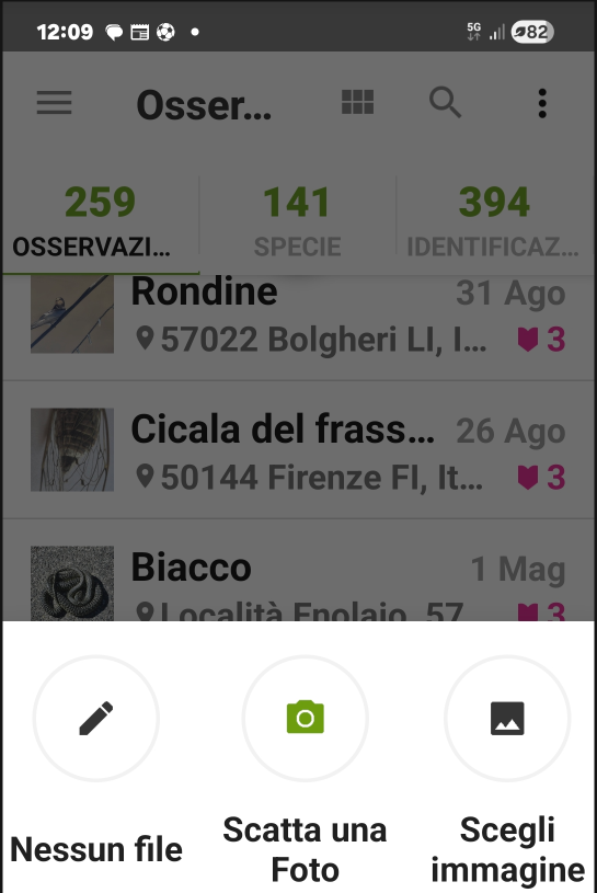 nella schermata principale di inaturalist appaiono le proprie osservazioni e la possibilità di aggiungerne altre